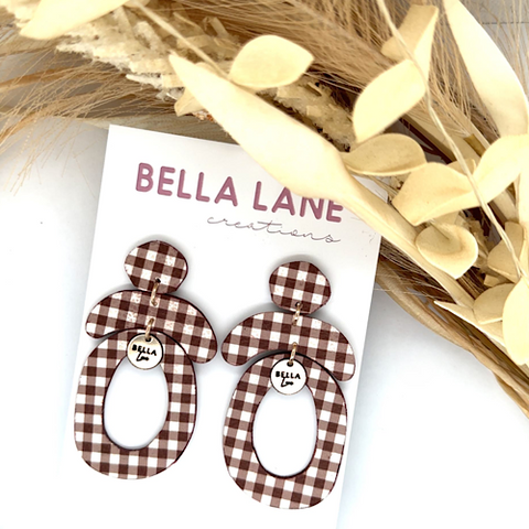 Chocolate Gingham Oval Arch Earrings