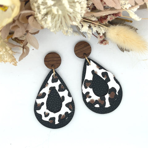 White Leopard + Black Teardrop Earrings